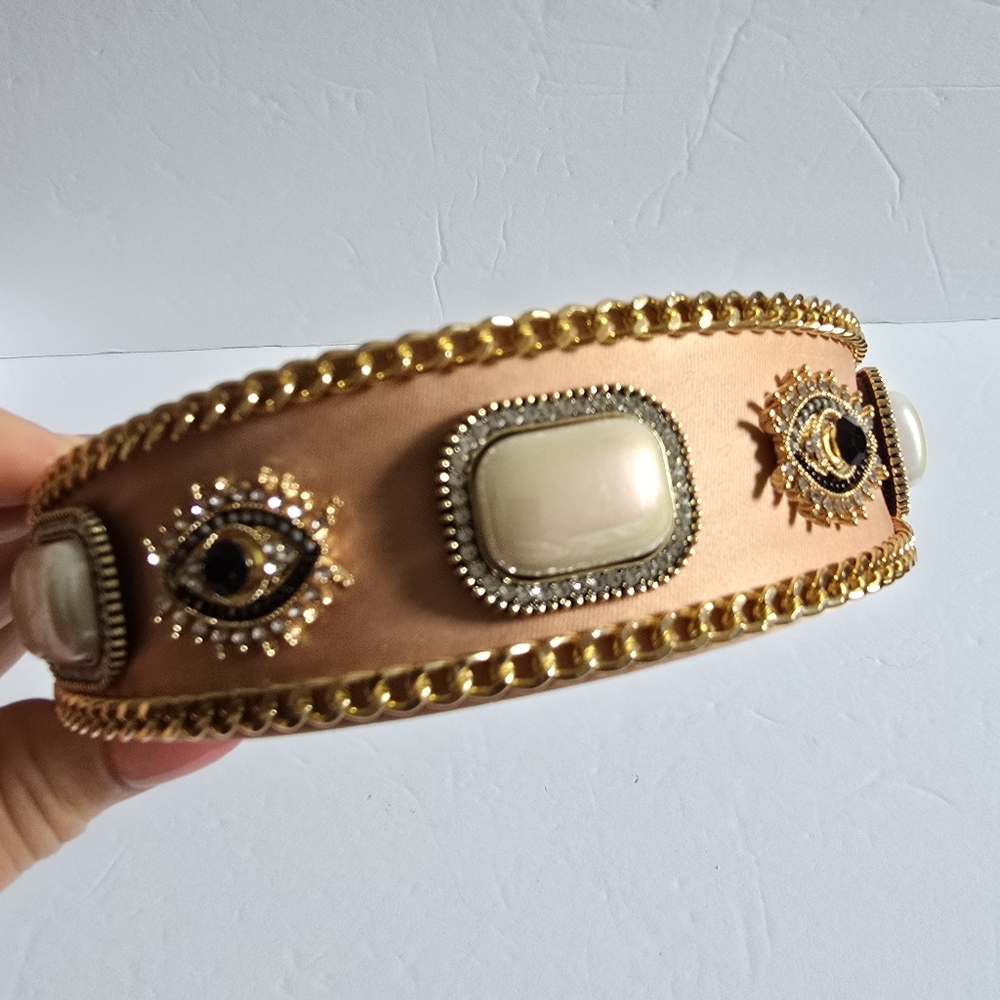 Embellished Tan Headband with Pearl And Gold Accents - Picture 3 of 7